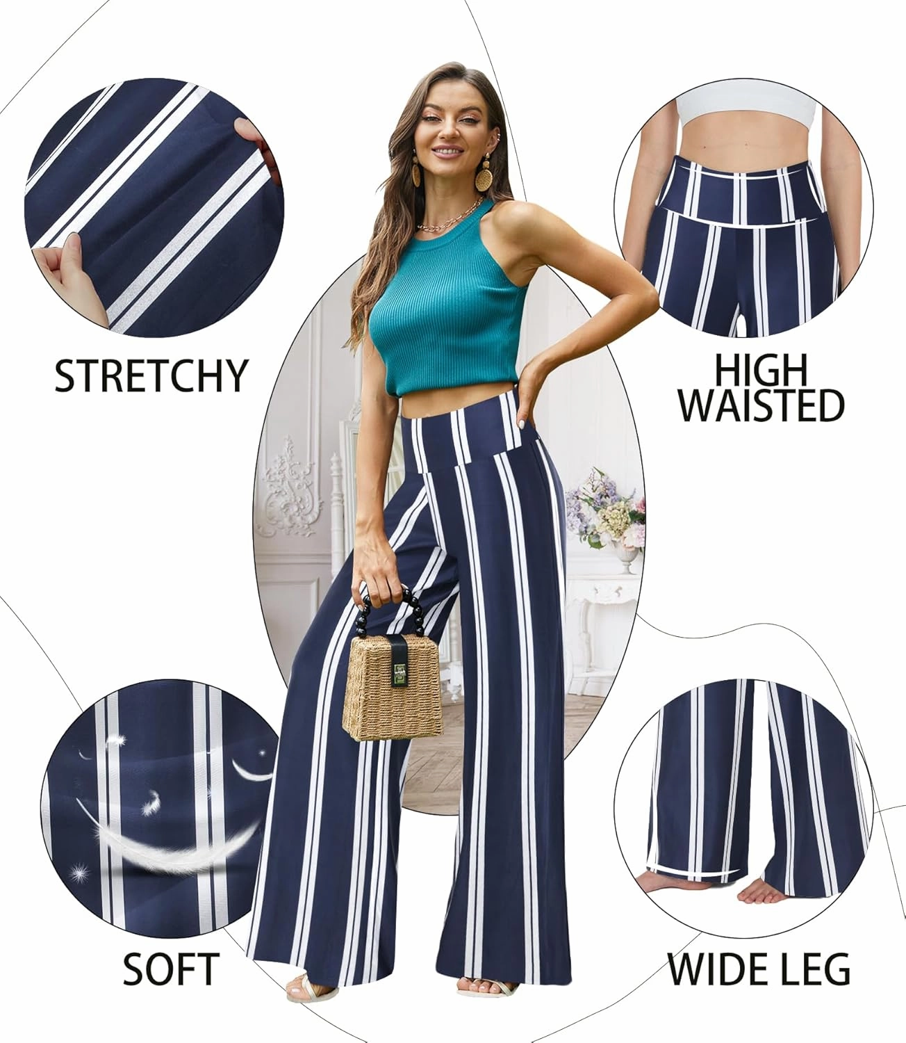 QGGQDD Wide Leg Palazzo Pants for Women - Casual Soft High Waist Lounge Pants Loose Comfy Stretchy Trousers