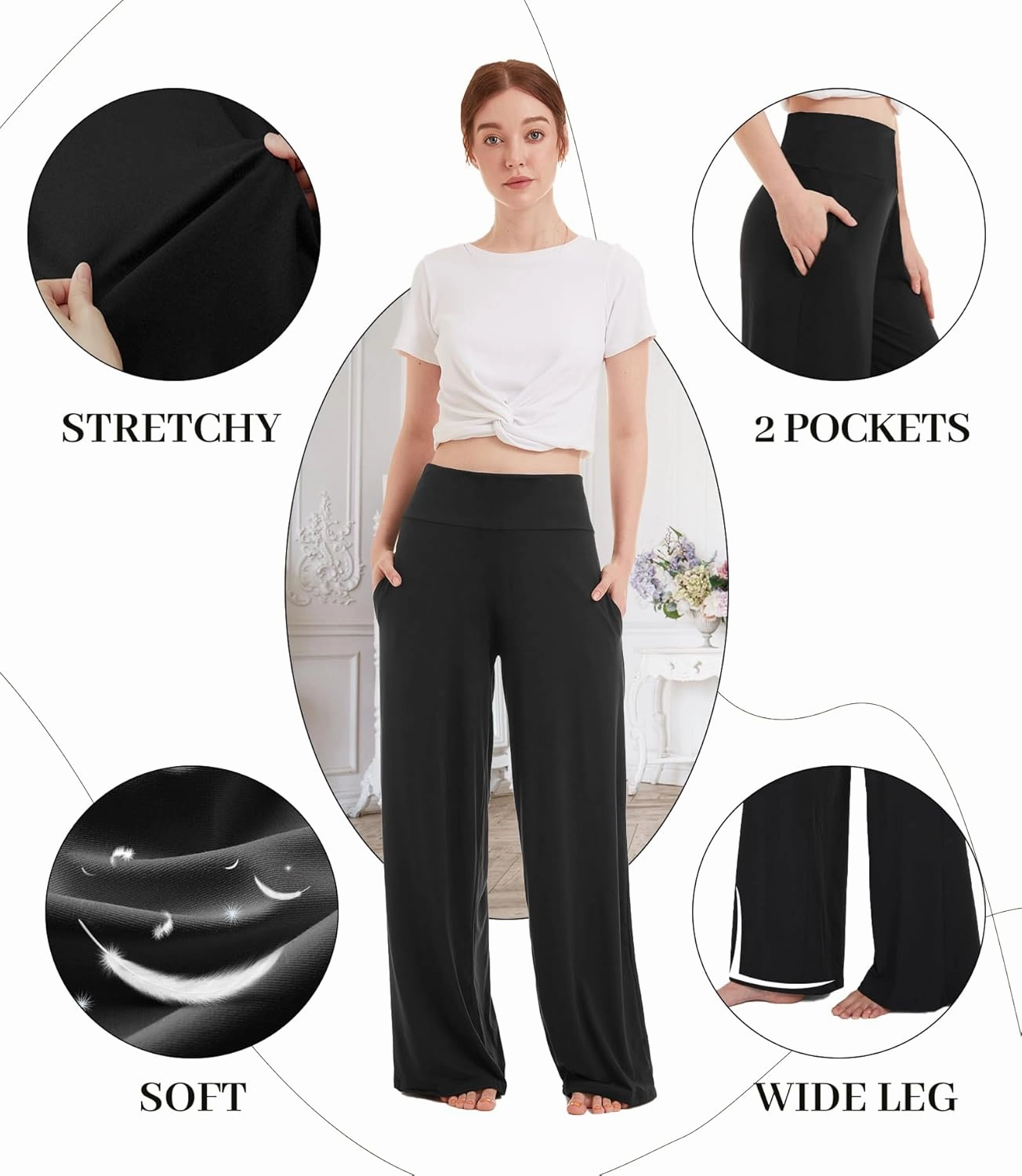 QGGQDD Wide Leg Palazzo Pants for Women - Casual Soft High Waist Lounge Pants Loose Comfy Stretchy Trousers