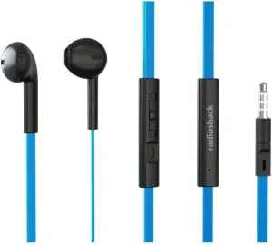 RadioShack Stereo Earphones with Cord, Wired Earbuds with Microphone and Volume Control Buttons, Soft Silicone Tips for Comfortable Extended Wear and Secure Fit, Blue and Black