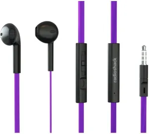 RadioShack Stereo Earphones with Cord, Wired Earbuds with Microphone and Volume Control Buttons, Soft Silicone Tips for Comfortable Extended Wear and Secure Fit, Purple and Black