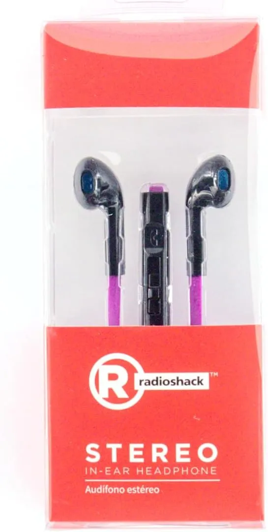 RadioShack Stereo Earphones with Cord, Wired Earbuds with Microphone and Volume Control Buttons, Soft Silicone Tips for Comfortable Extended Wear and Secure Fit, Purple and Black