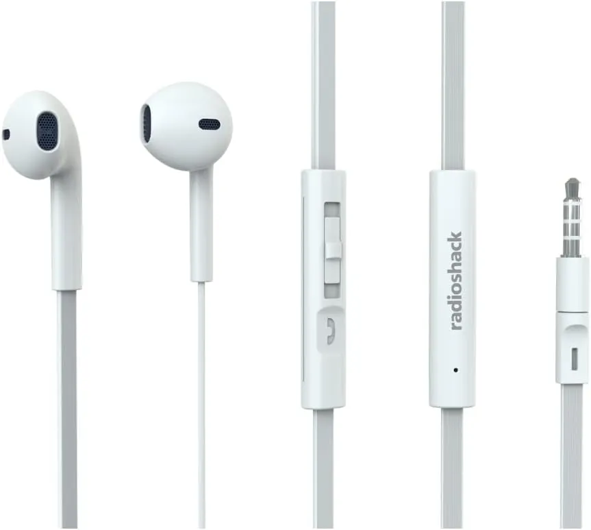 RadioShack Stereo Earphones with Cord, Wired Earbuds with Microphone and Volume Control Buttons, Soft Silicone Tips for Comfortable Extended Wear and Secure Fit, White