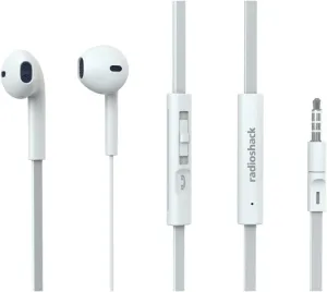 RadioShack Stereo Earphones with Cord, Wired Earbuds with Microphone and Volume Control Buttons, Soft Silicone Tips for Comfortable Extended Wear and Secure Fit, White