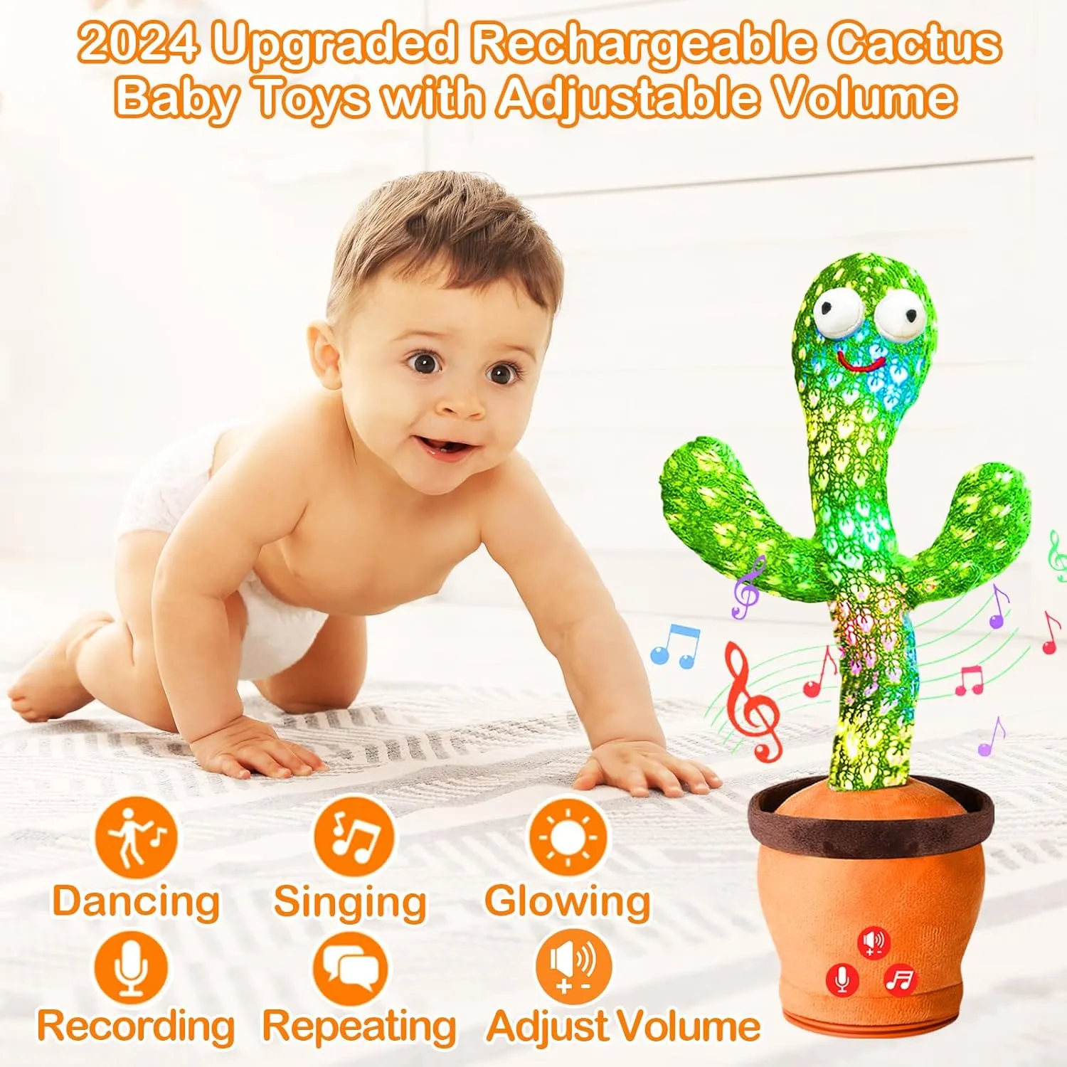 Rechargeable Dancing Talking Cactus Toy with Adjustable Volume, Interactive Cactus Baby Toys for 18 Months , Baby Easter Basket Stuffers for Toddler, Gifts for 2 Year Old Girl Boy