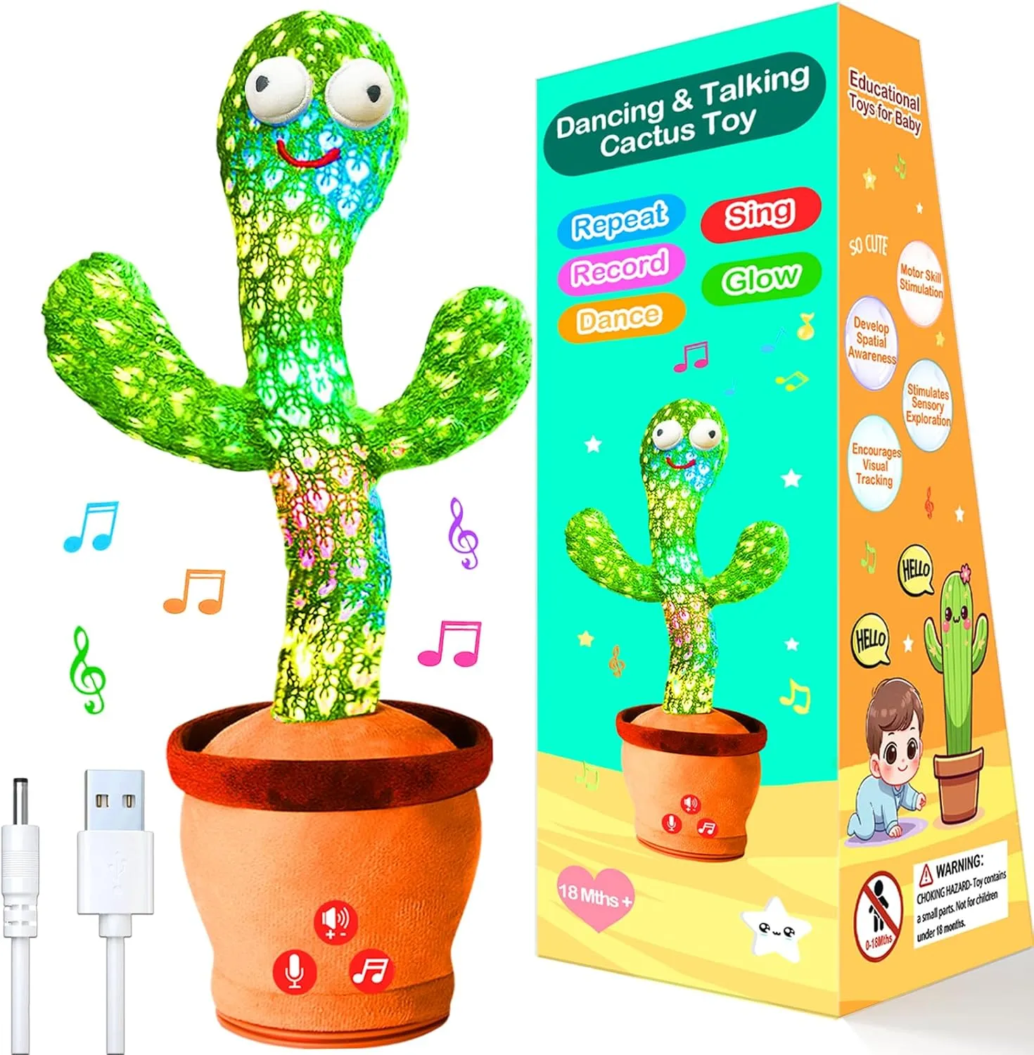 Rechargeable Dancing Talking Cactus Toy with Adjustable Volume, Interactive Cactus Baby Toys for 18 Months , Baby Easter Basket Stuffers for Toddler, Gifts for 2 Year Old Girl Boy