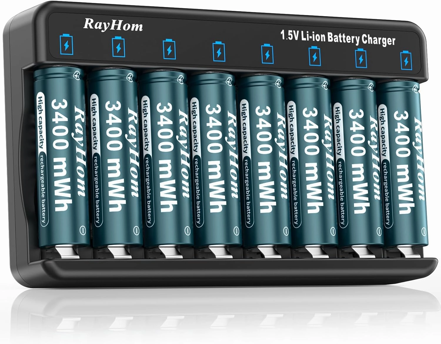 Rechargeable AA Lithium Batteries with Charger, 8Pack Li-ion Double a Batteries, 1.5V 3400mWh High Capacity, Cycle Times Over 1000 