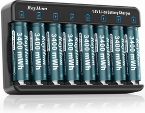Rechargeable AA Lithium Batteries with Charger, 8Pack Li-ion Double a Batteries, 1.5V 3400mWh High Capacity, Cycle Times Over 1000 