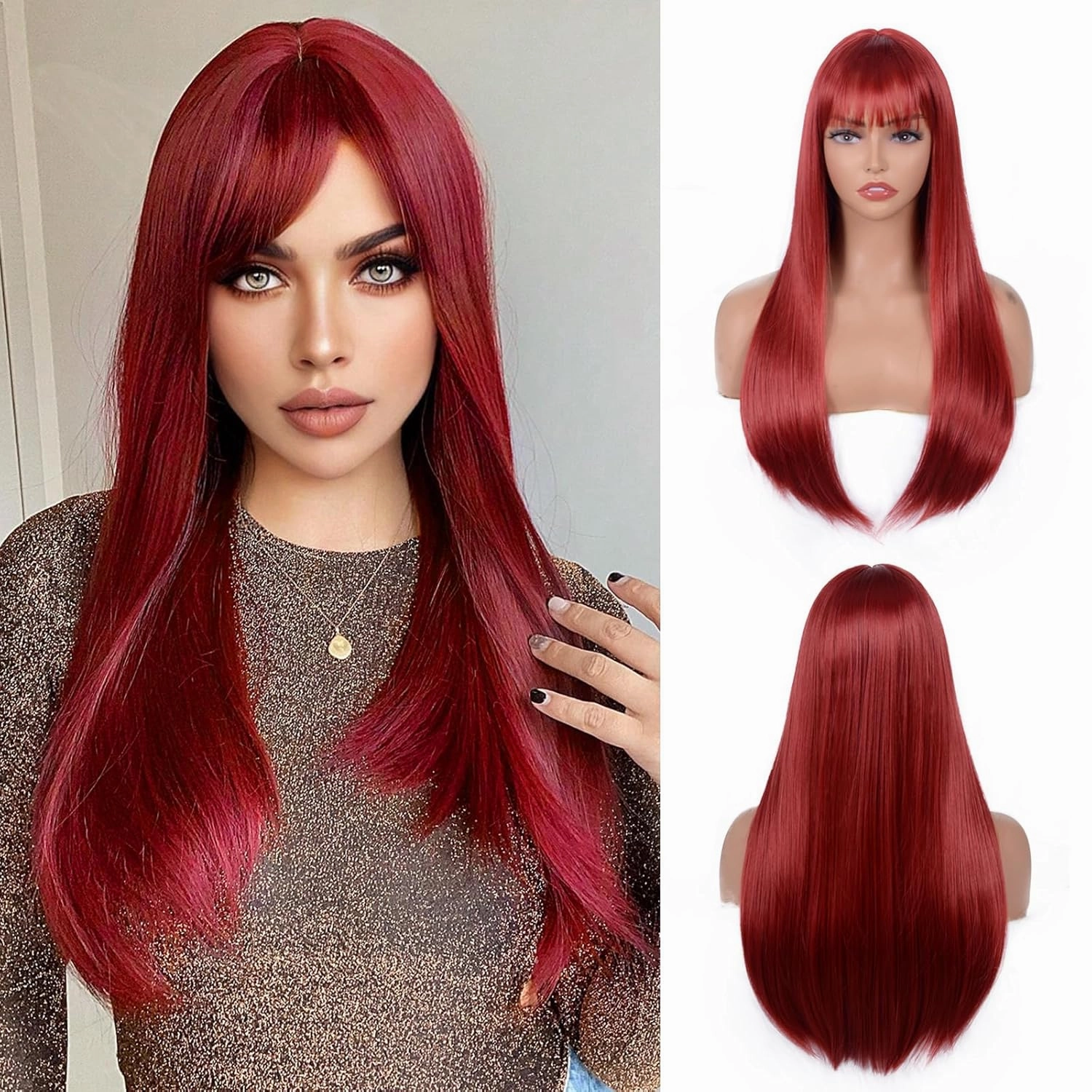 Red Wig with Bangs for Women – Long Straight Heat Resistant Synthetic Wig for Daily Use, Party, Halloween, Cosplay – 24 Inch Red Wig for Girls