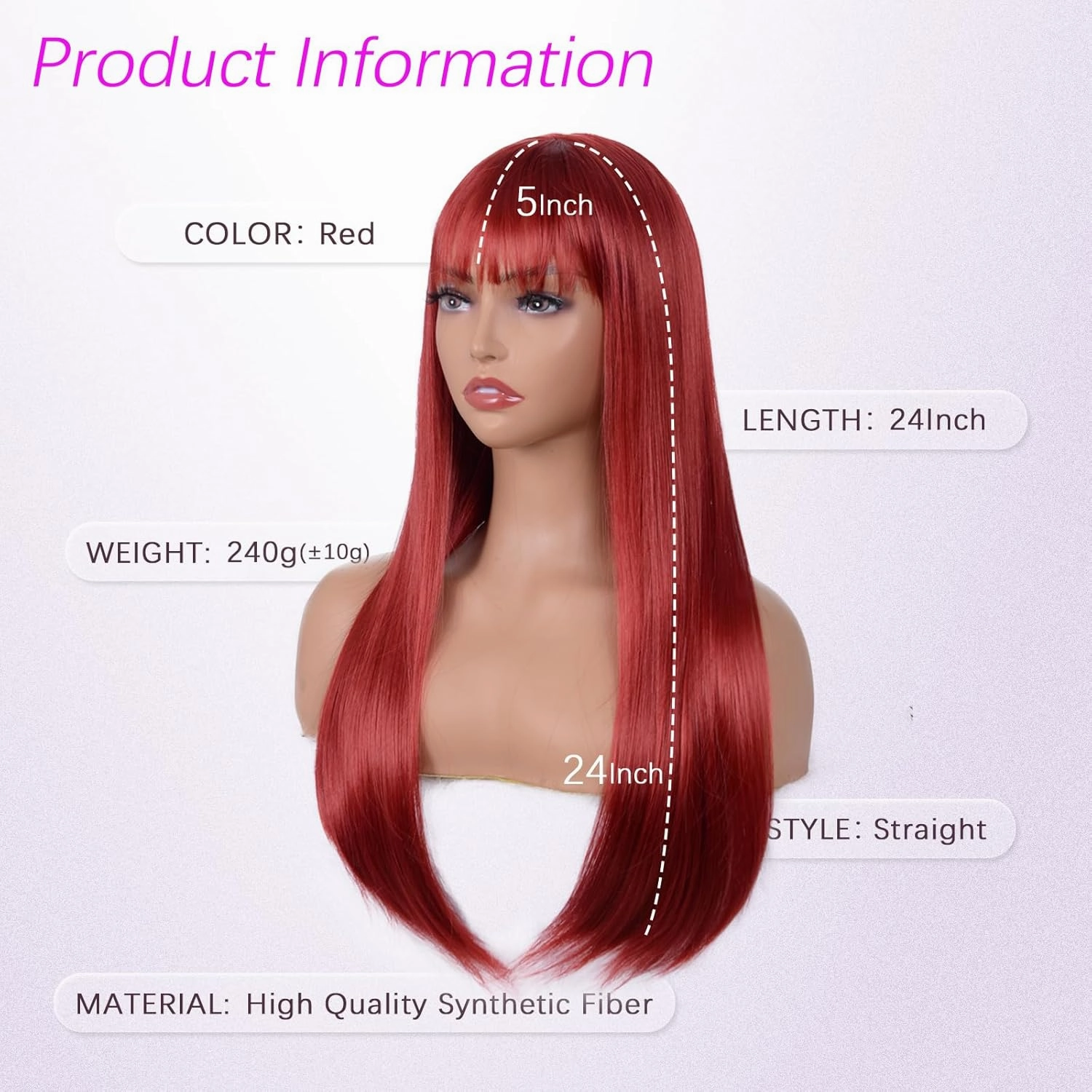 Red Wig with Bangs for Women – Long Straight Heat Resistant Synthetic Wig for Daily Use, Party, Halloween, Cosplay – 24 Inch Red Wig for Girls