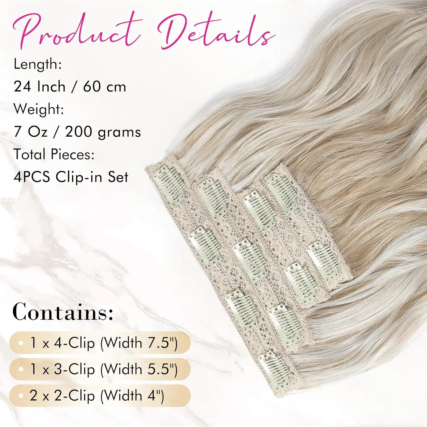 REECHO Clip in Hair Extensions, 4PCS Blonde Hair Extensions 24" Thick Long Beach Waves hair extensions HE003 Invisible Lace Weft Natural Soft Hairpieces for Women – Ash Blonde with Highlights