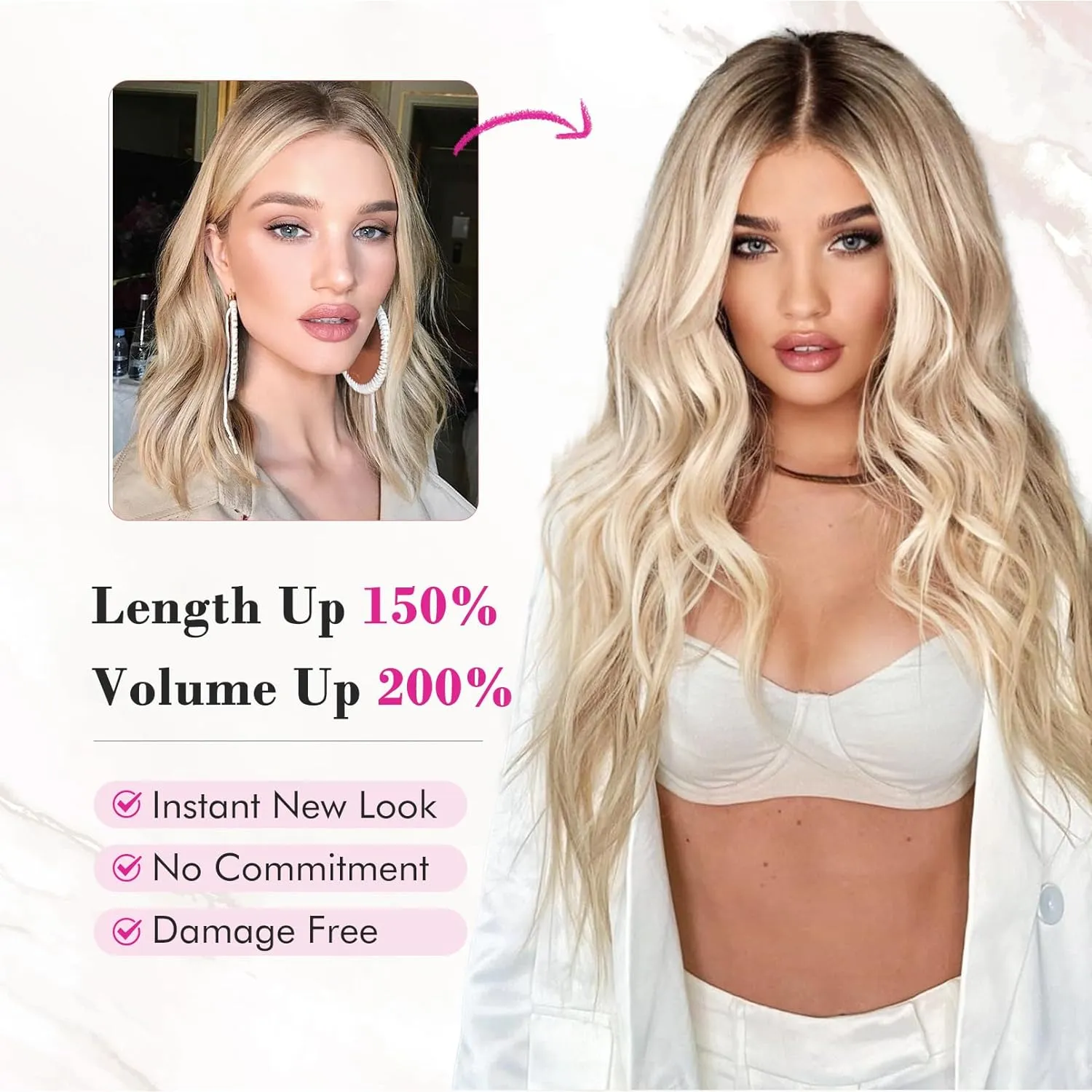 REECHO Clip in Hair Extensions, 4PCS Blonde Hair Extensions 24" Thick Long Beach Waves hair extensions HE003 Invisible Lace Weft Natural Soft Hairpieces for Women – Ash Blonde with Highlights