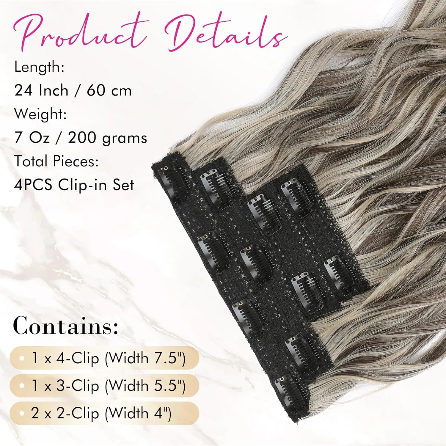 REECHO Hair Extensions, 4PCS Clip in Hair Extensions 24" Thick Long Beach Waves hair extensions HE003 Invisible Lace Weft Natural Soft Synthetic Hairpieces for Women – Ash Brown with Highlights