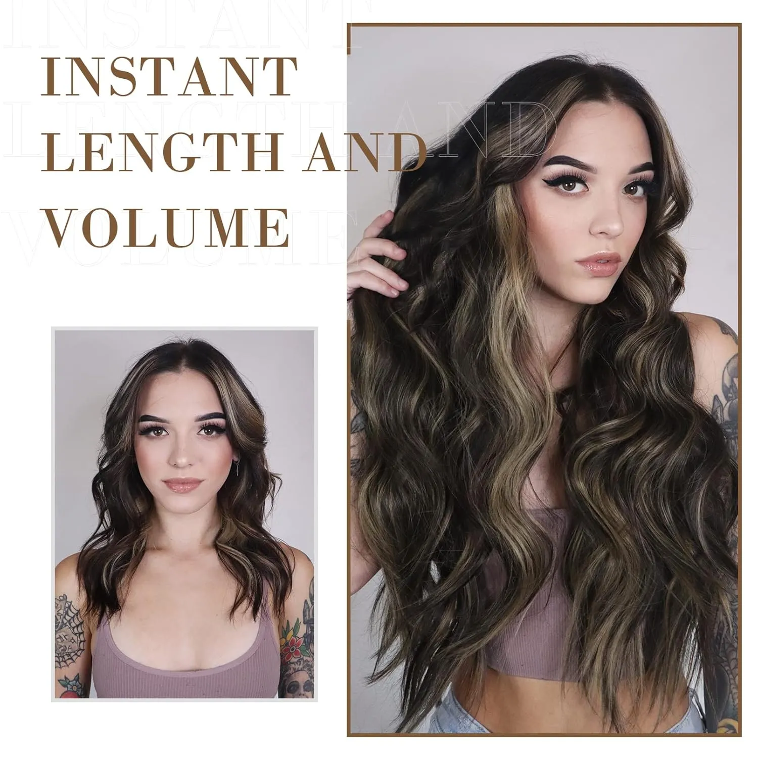 REECHO Hair Extensions, 4PCS Clip in Hair Extensions HE001 Natural Soft Synthetic Hairpieces for Women, Ash Brown with Platinum Blonde Highlights