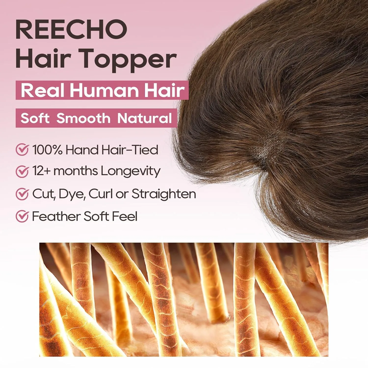REECHO Human Hair Topper, 10 Inch Hair Toppers for Women Real Human Hair, Real Human Wiglet Adding Targeted Coverage for Thinning Hair, Medium Brown