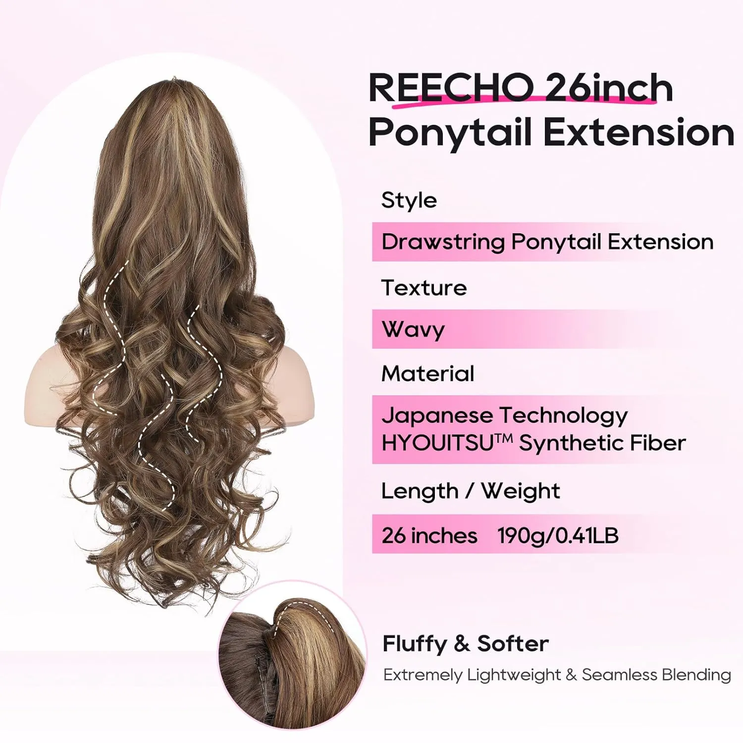 REECHO Ponytail Extension, 26 Inch Drawstring Ponytail Extension Long Curly Wavy Pony Tails Hair Extensions Synthetic Clip in Ponytail Hairpiece for Women, Chestnut Brown with Golden Highlights