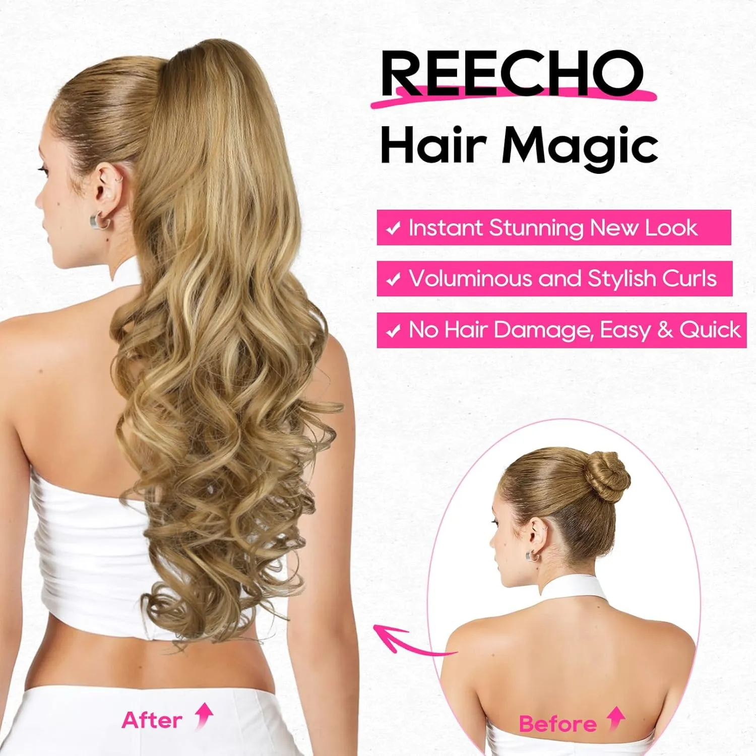 REECHO Ponytail Extension, 26 Inch Drawstring Ponytail Extension Long Curly Wavy Pony Tails Hair Extensions Synthetic Clip in Ponytail Hairpiece for Women, Chestnut Brown with Golden Highlights