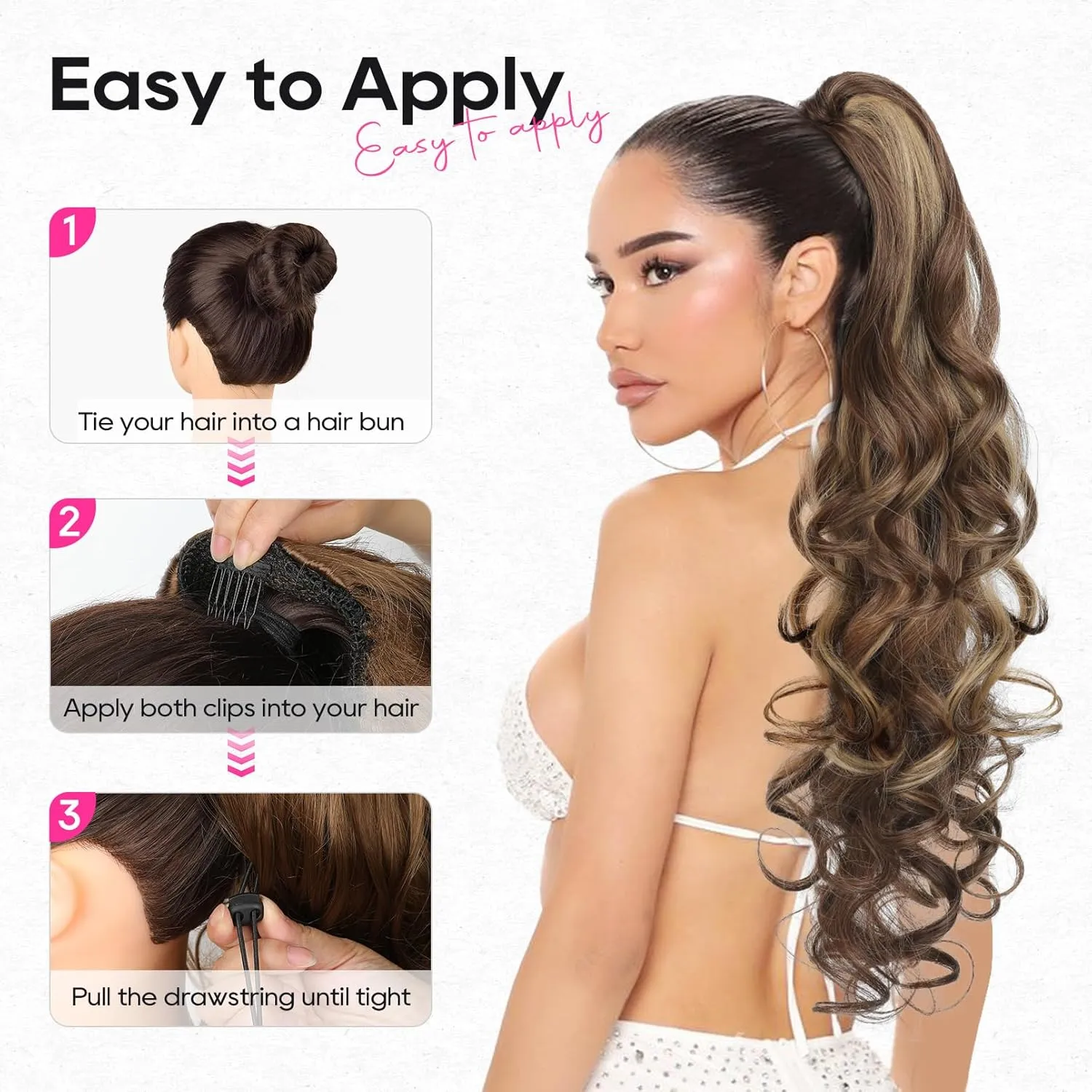 REECHO Ponytail Extension, 26 Inch Drawstring Ponytail Extension Long Curly Wavy Pony Tails Hair Extensions Synthetic Clip in Ponytail Hairpiece for Women, Chestnut Brown with Golden Highlights