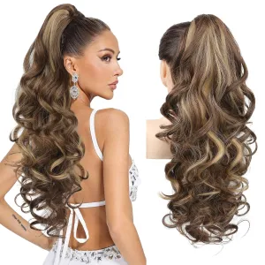 REECHO Ponytail Extension, 26 Inch Drawstring Ponytail Extension Long Curly Wavy Pony Tails Hair Extensions Synthetic Clip in Ponytail Hairpiece for Women, Chestnut Brown with Golden Highlights