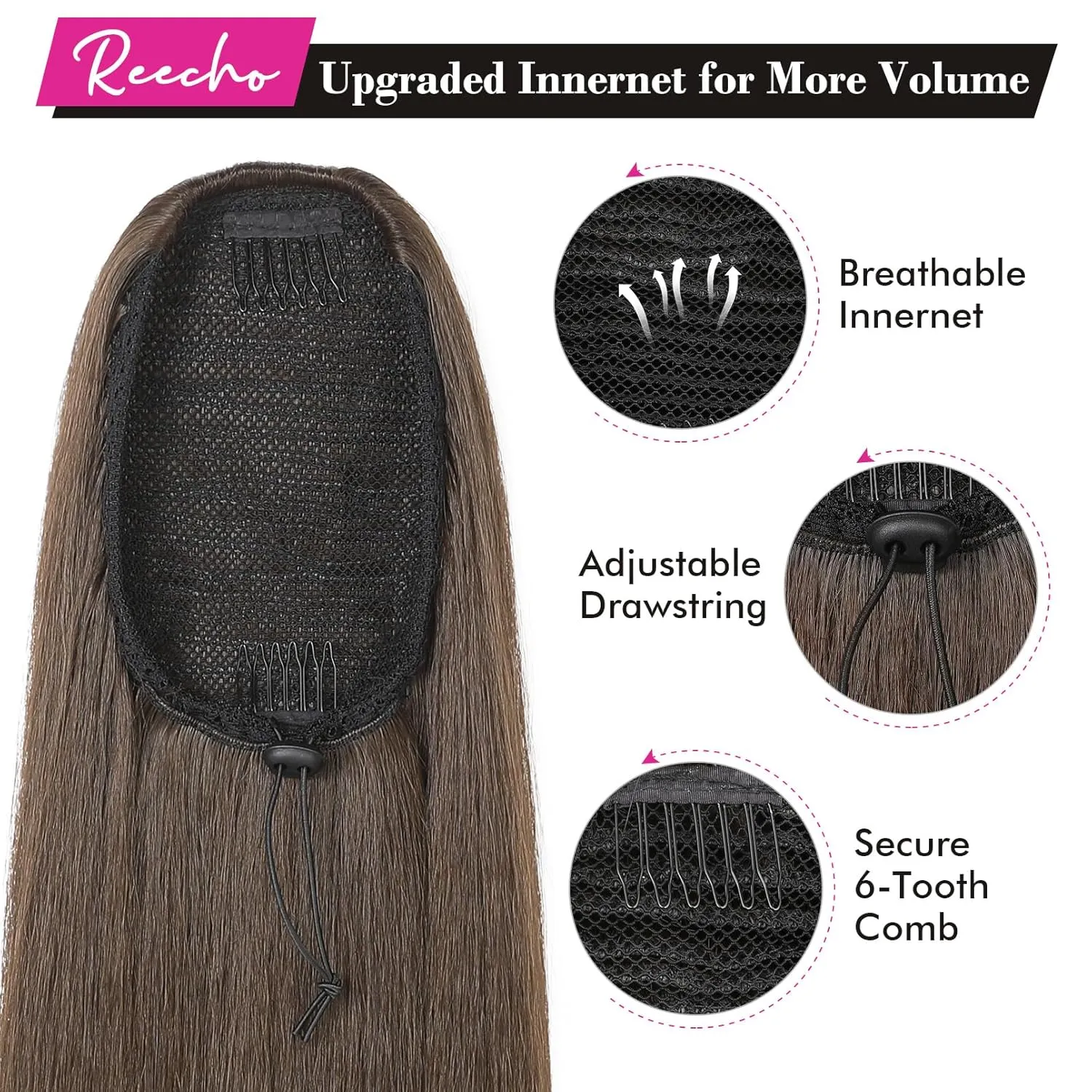 REECHO Ponytail Extension Long Straight Drawstring Fake Pony Tails Hair Extensions Natural Soft Hairpieces Clip Hair Extension Ponytails for Women Girls, 36 Inch/Chocolate Brown
