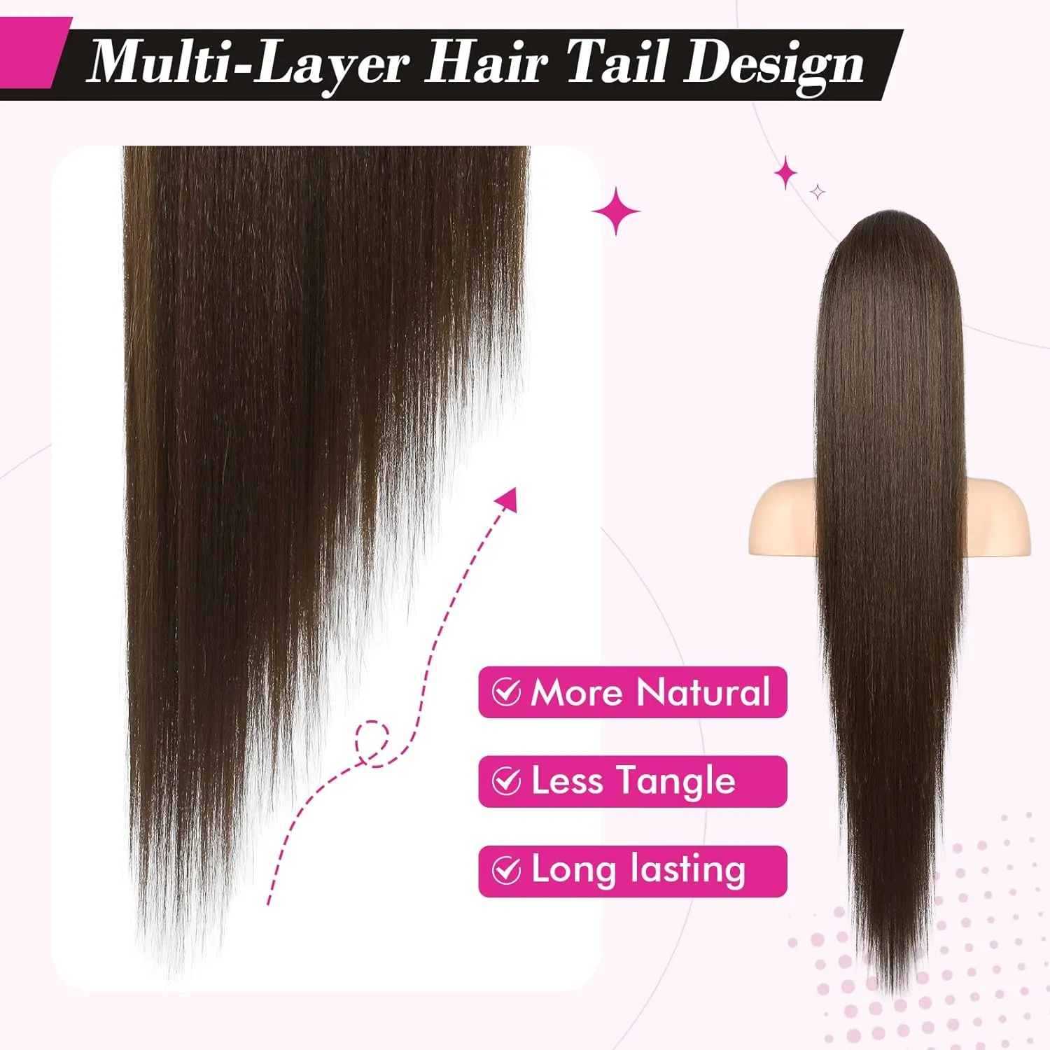 REECHO Ponytail Extension Long Straight Drawstring Fake Pony Tails Hair Extensions Natural Soft Hairpieces Clip Hair Extension Ponytails for Women Girls, 36 Inch/Chocolate Brown