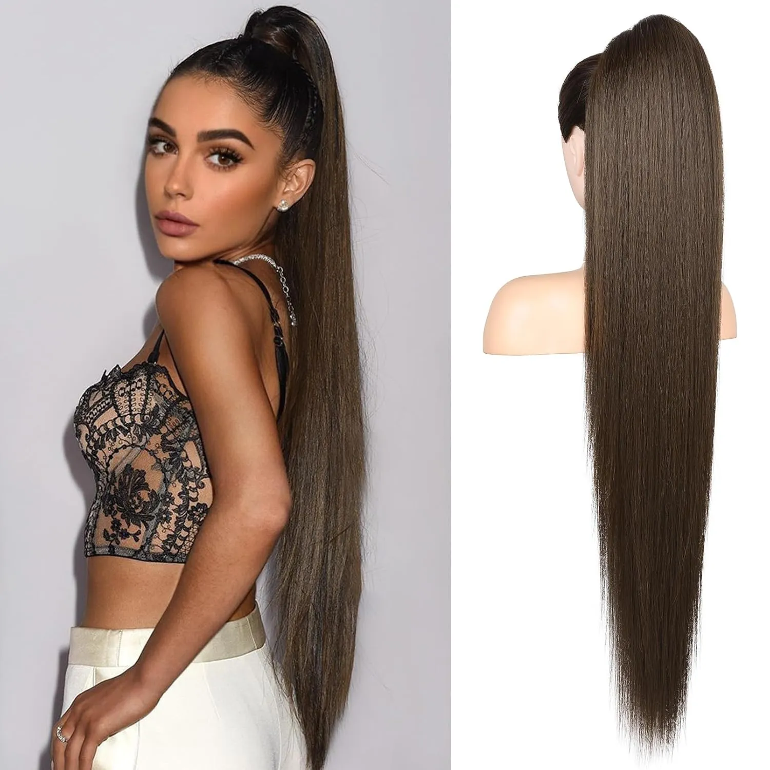 REECHO Ponytail Extension Long Straight Drawstring Fake Pony Tails Hair Extensions Natural Soft Hairpieces Clip Hair Extension Ponytails for Women Girls, 36 Inch/Chocolate Brown