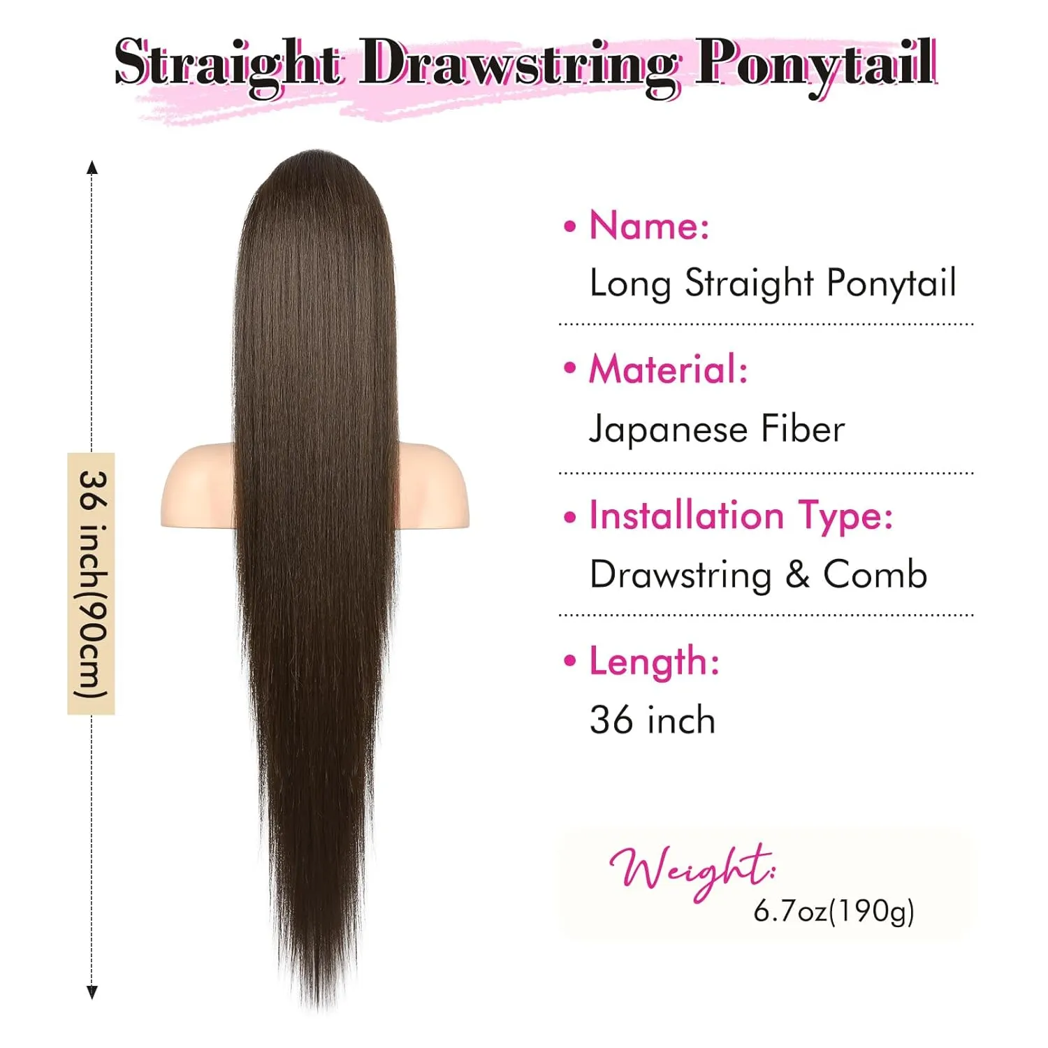 REECHO Ponytail Extension Long Straight Drawstring Fake Pony Tails Hair Extensions Natural Soft Hairpieces Clip Hair Extension Ponytails for Women Girls, 36 Inch/Chocolate Brown