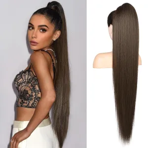 REECHO Ponytail Extension Long Straight Drawstring Fake Pony Tails Hair Extensions Natural Soft Hairpieces Clip Hair Extension Ponytails for Women Girls, 36 Inch/Chocolate Brown