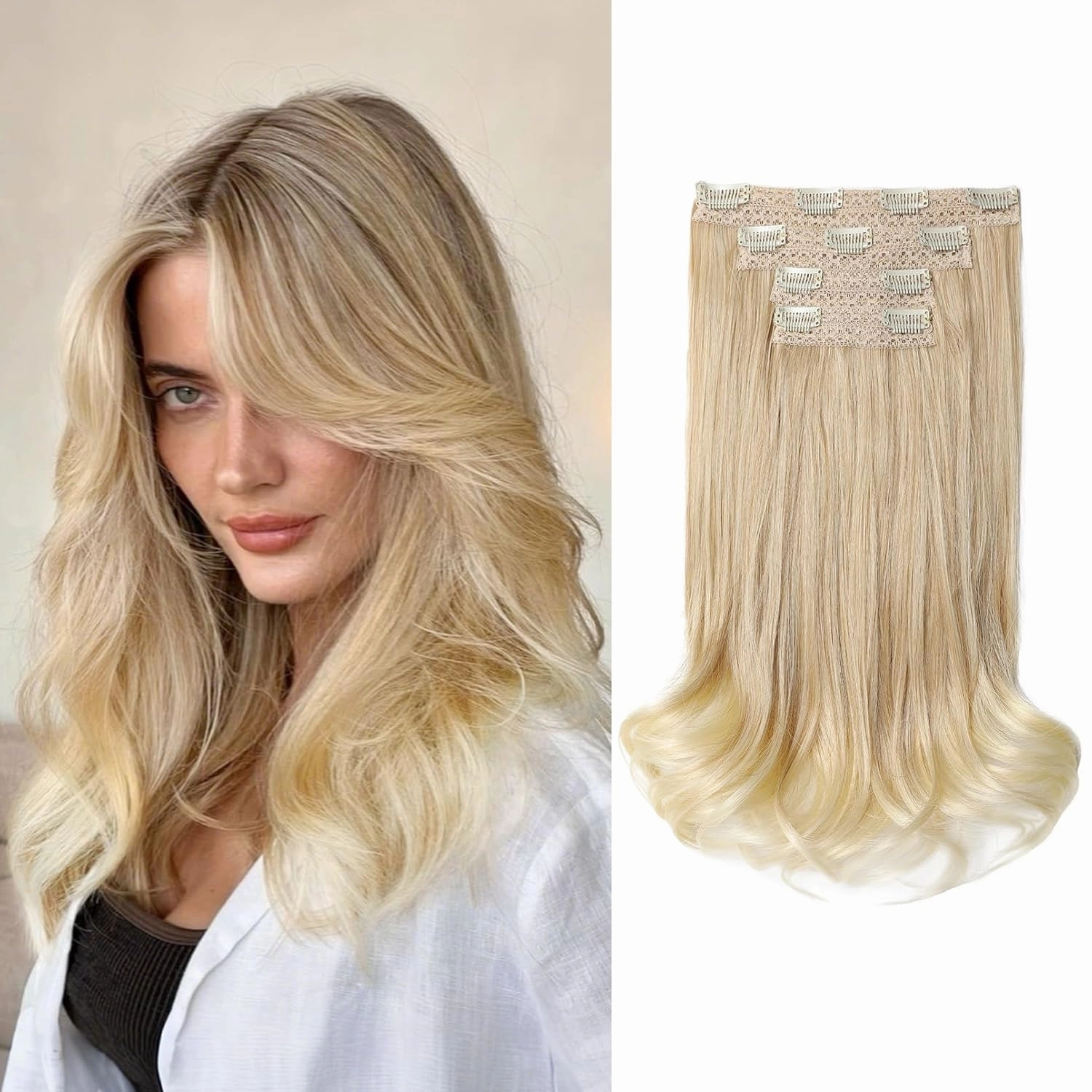 REECHO Clip-in Hair Extensions, 4PCS Lace Weft, 14" Short Wavy Hair, Invisible Clip Ins, Natural Soft Hairpieces for Women, Dark Blonde with Light Blonde Ends