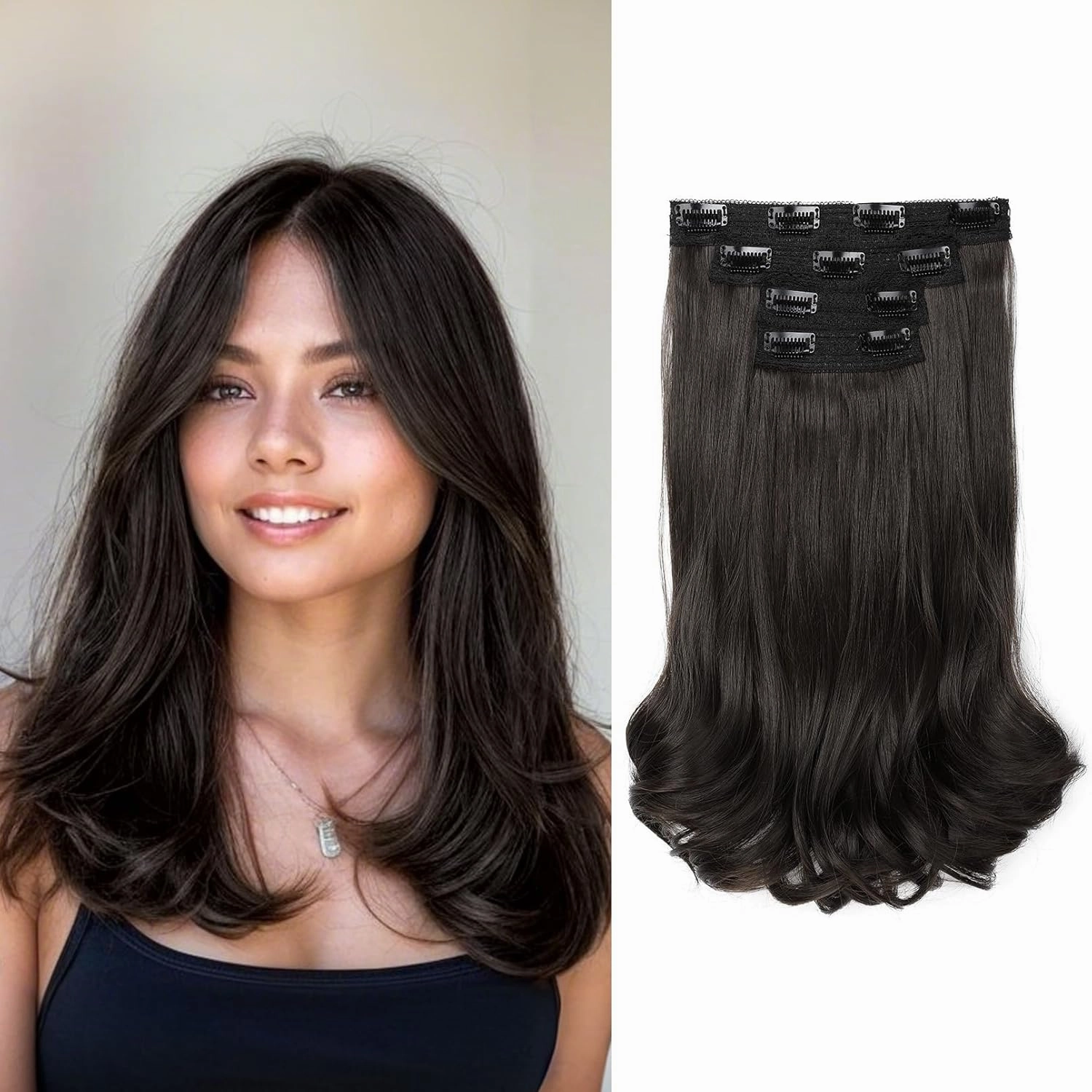 REECHO Clip-in Hair Extensions, 4PCS Lace Weft, 14" Short Wavy Hair, Invisible, Natural Soft Hairpieces for Women, Black Brown