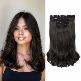 REECHO Clip-in Hair Extensions, 4PCS Lace Weft, 14" Short Wavy Hair, Invisible, Natural Soft Hairpieces for Women, Black Brown