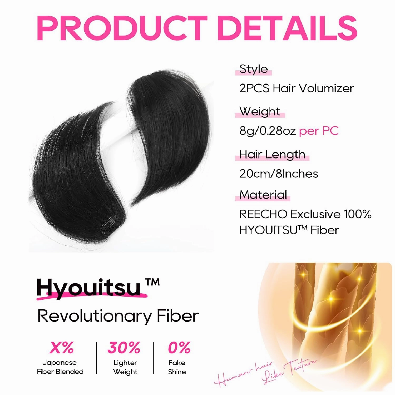 REECHO Clip in Hair Volumizer, 2PCS 8 inch Short Thick Clip in Hairpieces Adding Extra Volume for Women with Thin Fine Hair - Black