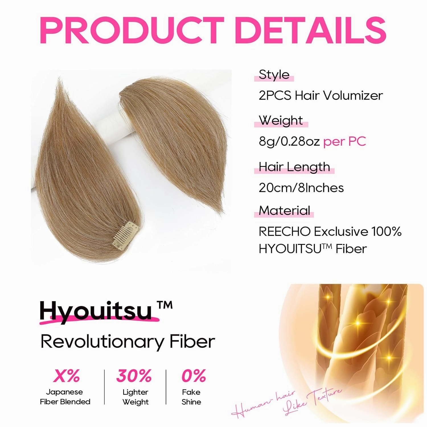 REECHO Clip in Hair Volumizer, 2PCS 8 inch Short Thick Clip in Hairpieces Adding Extra Volume Hair Extensions for Women with Thin Fine Hair - Dark Blonde