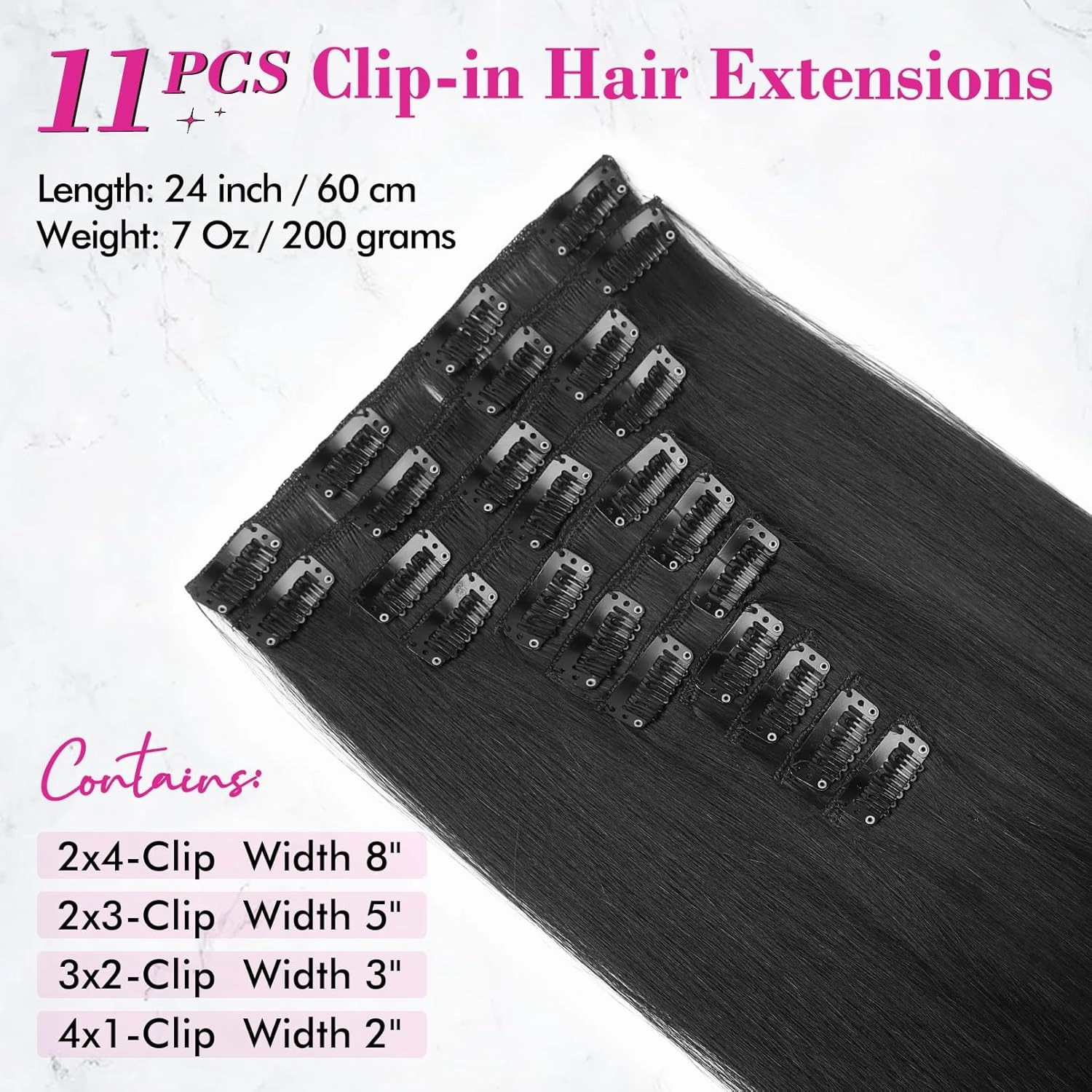 REECHO Hair Extensions, 11PCS Clip in Hair Extensions 24" Long Straight hair extensions HE005 Natural Soft Synthetic Hairpieces for Women – Black Brown