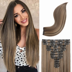 REECHO Hair Extensions, 11PCS Clip in Hair Extensions 24" Long Straight hair extensions HE005 Natural Soft Synthetic Hairpieces for Women – Chocolate Brown with Highlights