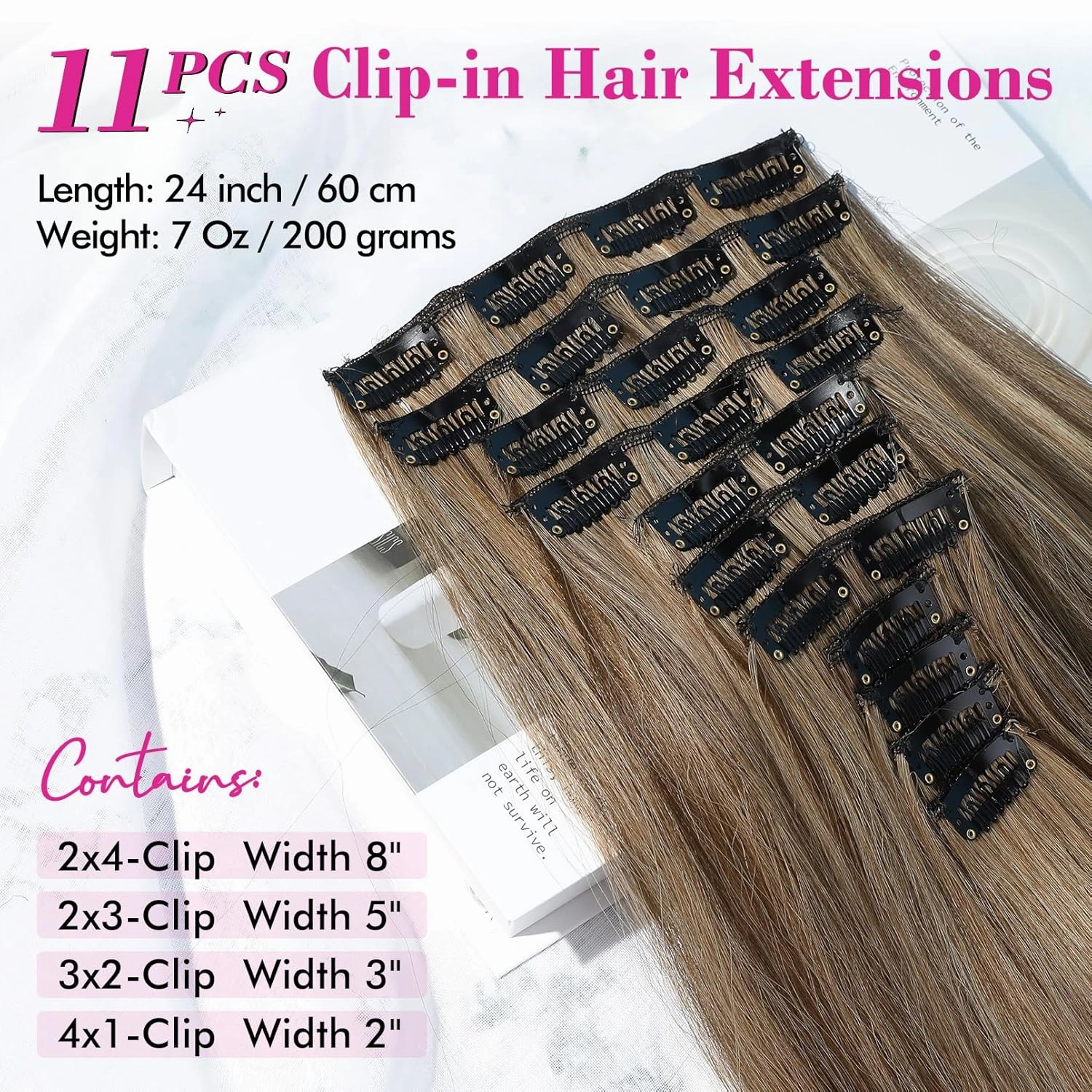 REECHO Hair Extensions, 11PCS Clip in Hair Extensions 24" Long Straight hair extensions HE005 Natural Soft Synthetic Hairpieces for Women – Chocolate Brown with Highlights
