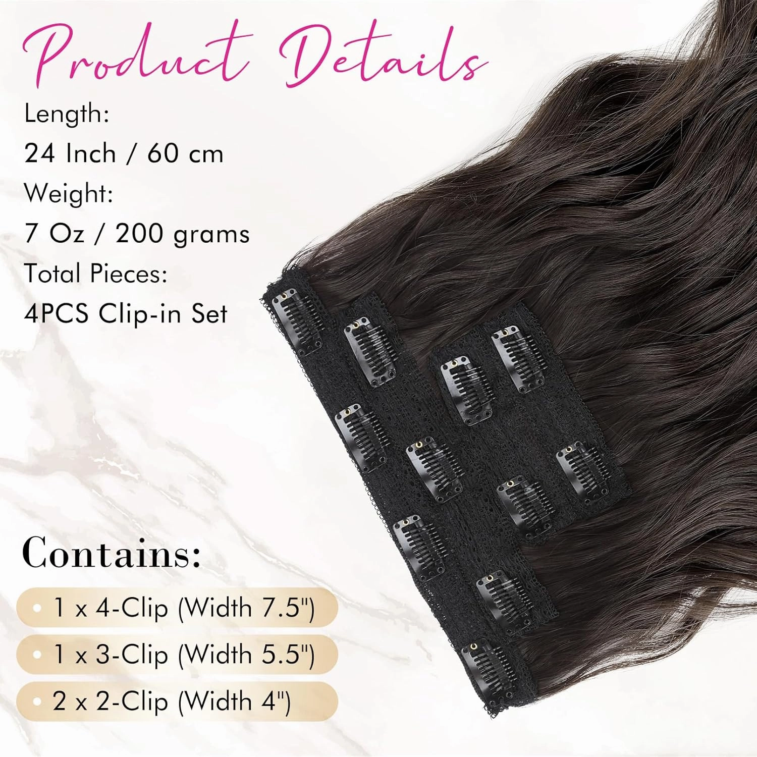 REECHO Hair Extensions, 4PCS Clip in Hair Extensions 24" Thick Long Beach Waves Black Brown hair extensions HE003 Invisible Lace Weft Natural Soft Synthetic Hairpieces for Women – Black Brown