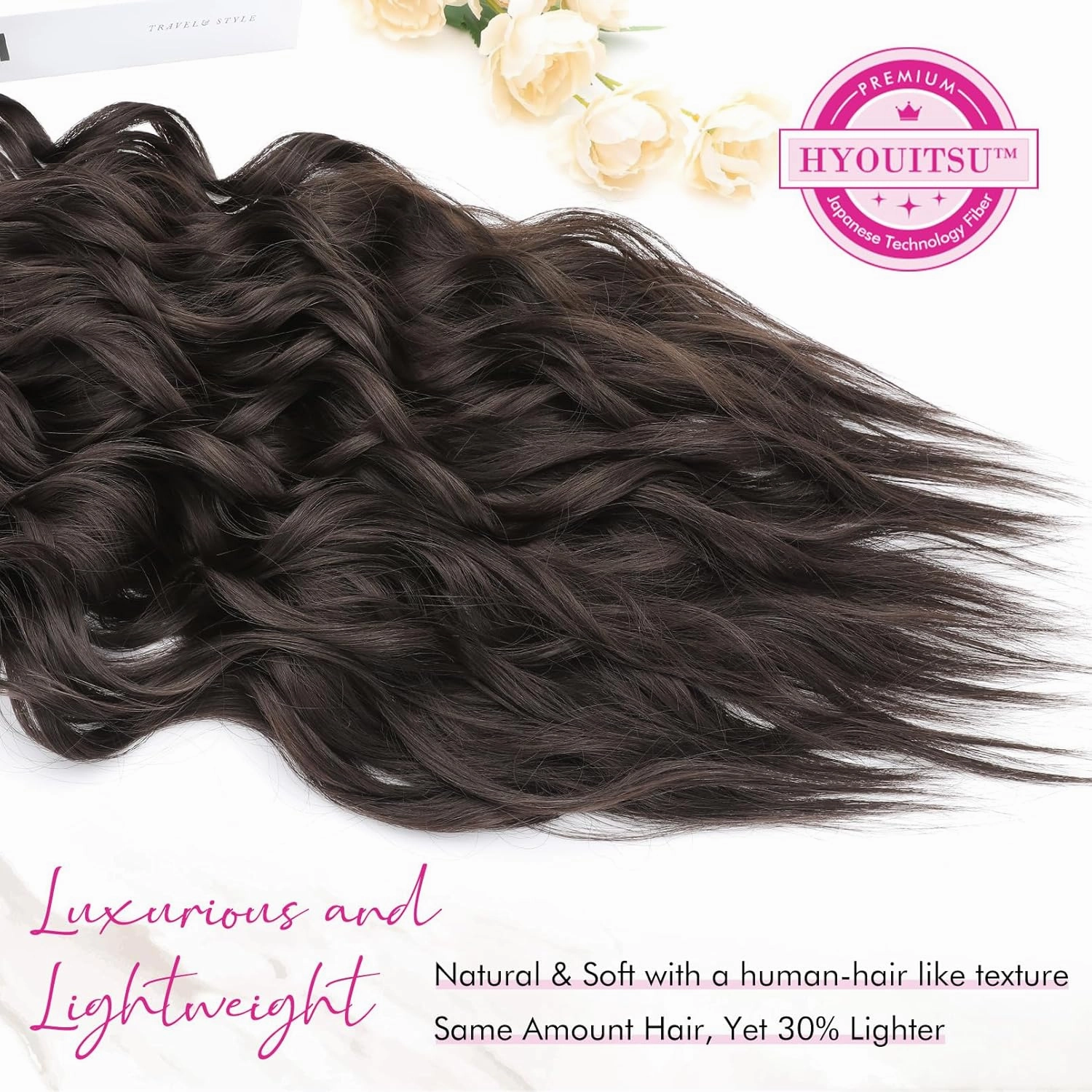 REECHO Hair Extensions, 4PCS Clip in Hair Extensions 24" Thick Long Beach Waves Black Brown hair extensions HE003 Invisible Lace Weft Natural Soft Synthetic Hairpieces for Women – Black Brown