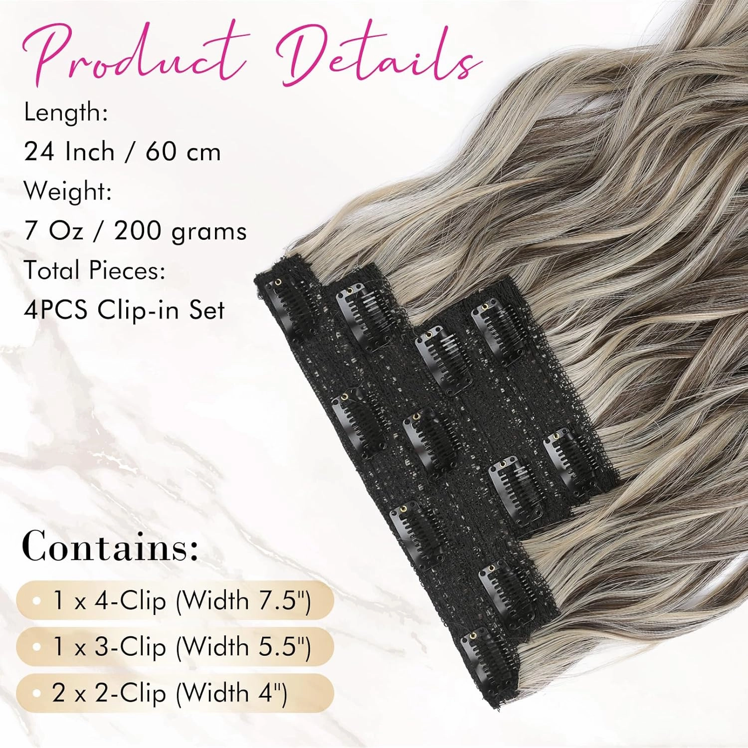 REECHO Hair Extensions, 4PCS Clip in Hair Extensions 24" Thick Long Beach Waves hair extensions HE003 Invisible Lace Weft Natural Soft Synthetic Hairpieces for Women – Ash Brown with Highlights