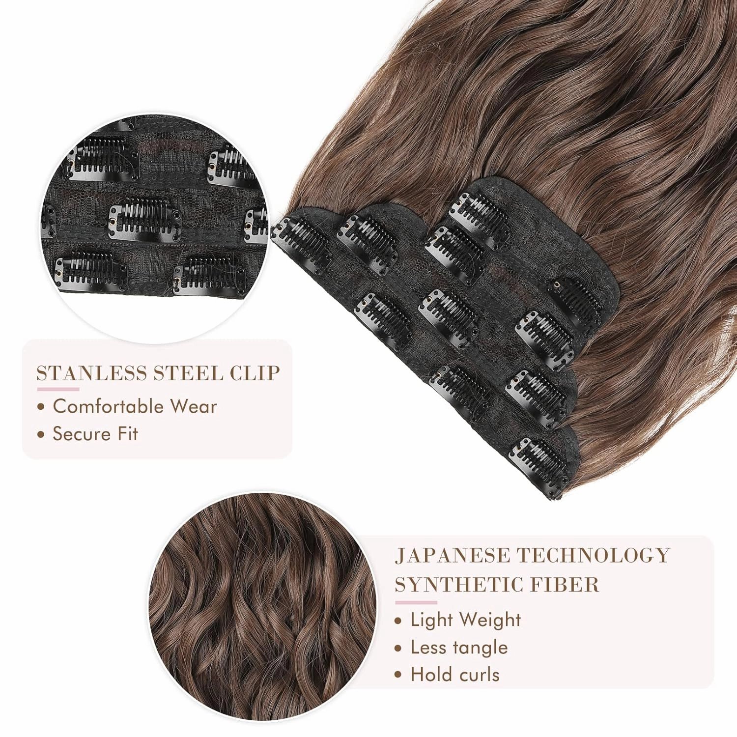 REECHO Hair Extensions, 4PCS Clip in Hair Extensions HE001 Natural Soft Synthetic Hairpiaeces for Women, Light Brown