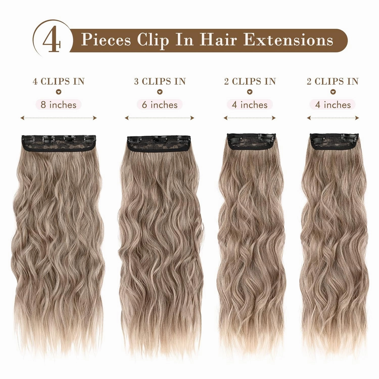 REECHO Hair Extensions, 4PCS Clip in Hair Extensions HE001 Natural Soft Synthetic Hairpieces for Women (20 Inch-200 Gram (Pack of 4), Ash Brown with Blonde Ends)