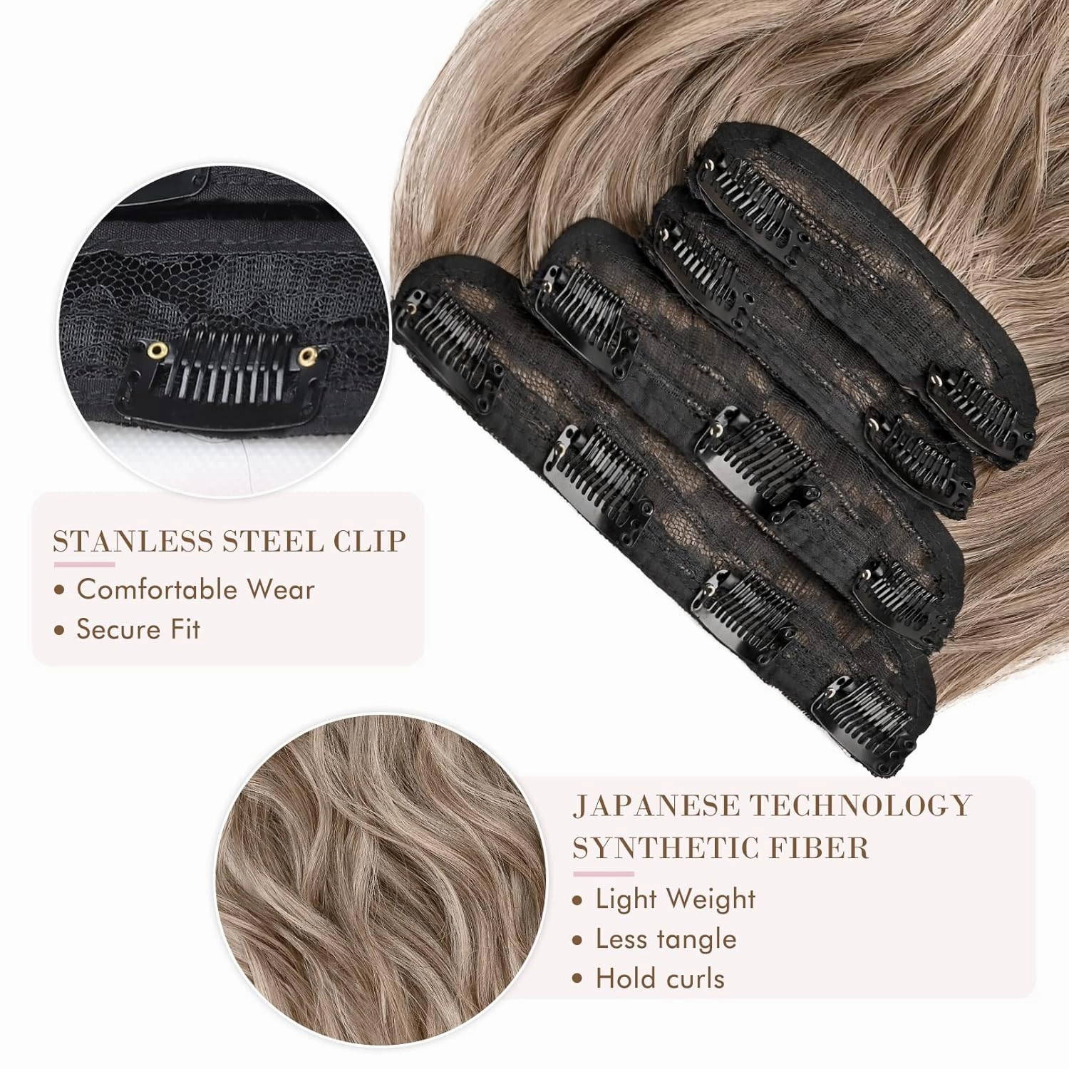 REECHO Hair Extensions, 4PCS Clip in Hair Extensions HE001 Natural Soft Synthetic Hairpieces for Women (20 Inch-200 Gram (Pack of 4), Ash Brown with Blonde Ends)