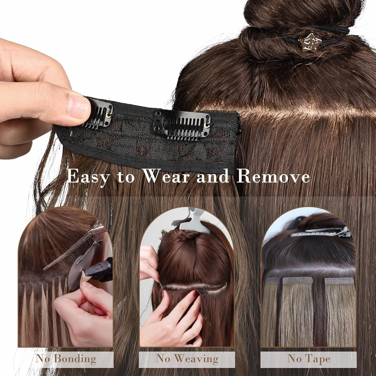 REECHO Hair Extensions, 4PCS Clip in Hair Extensions HE001 Natural Soft Synthetic Hairpieces for Women, Black Brown
