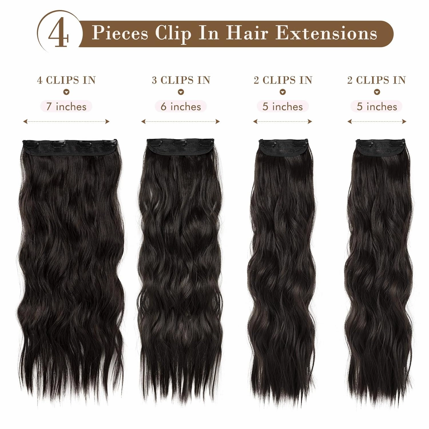 REECHO Hair Extensions, 4PCS Clip in Hair Extensions HE001 Natural Soft Synthetic Hairpieces for Women, Black Brown
