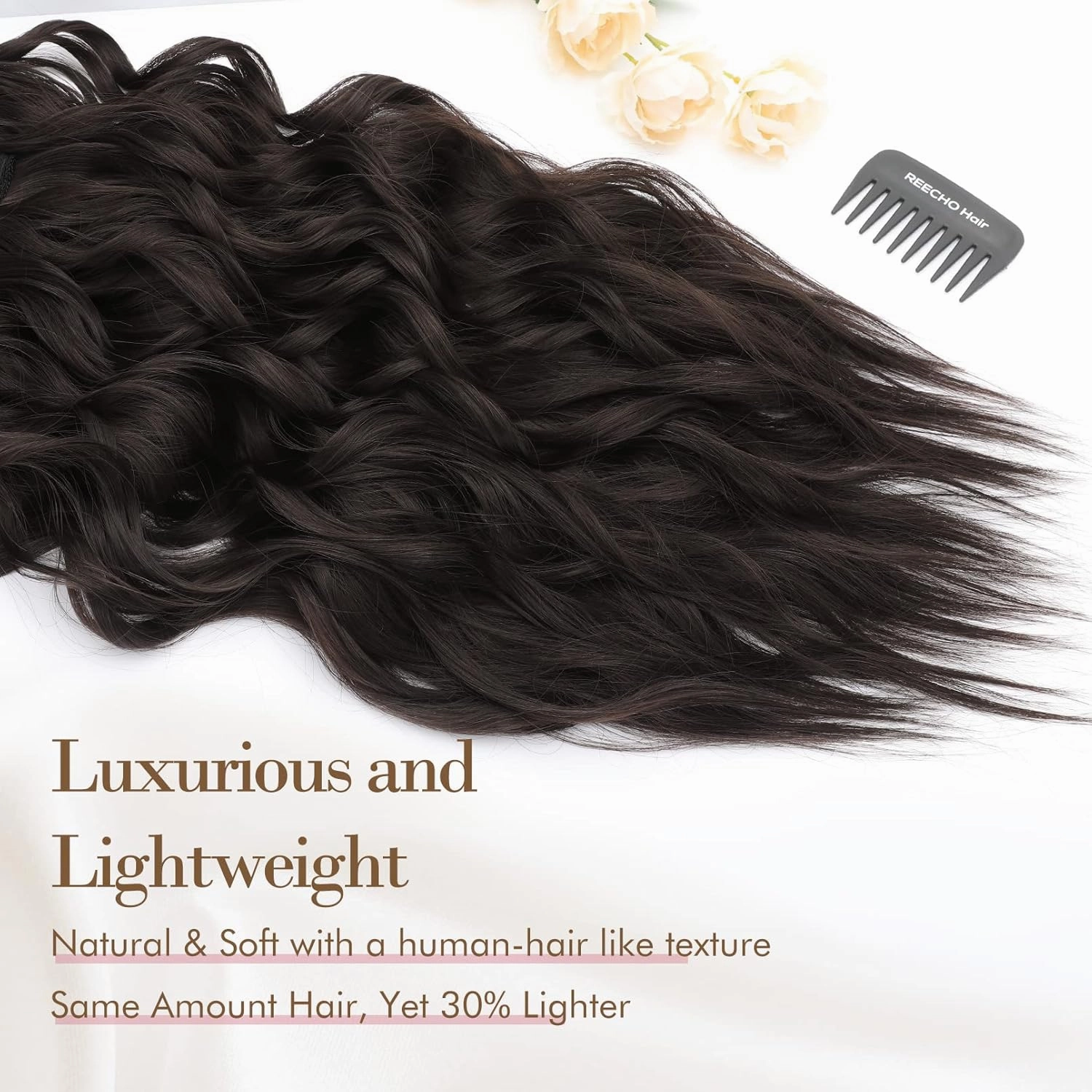 REECHO Hair Extensions, 4PCS Clip in Hair Extensions HE001 Natural Soft Synthetic Hairpieces for Women, Black Brown
