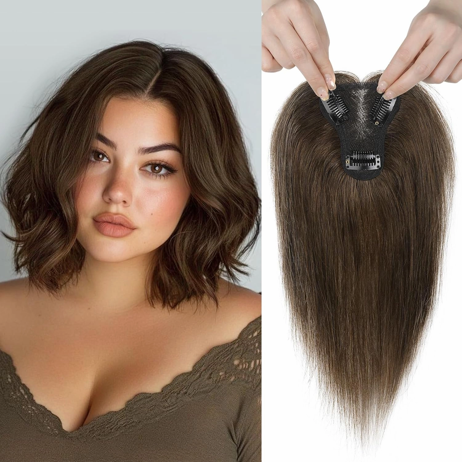 REECHO Human Hair Topper, 10 Inch Hair Toppers for Women Real Human Hair, Real Human Wiglet Adding Targeted Coverage for Thinning Hair, Chocolate Brown