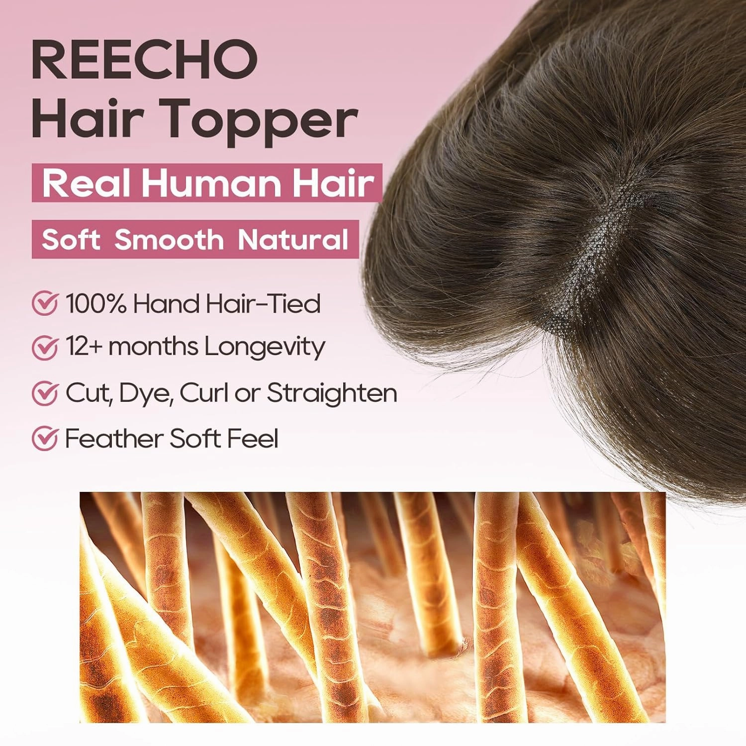 REECHO Human Hair Topper, 10 Inch Hair Toppers for Women Real Human Hair, Real Human Wiglet Adding Targeted Coverage for Thinning Hair, Chocolate Brown