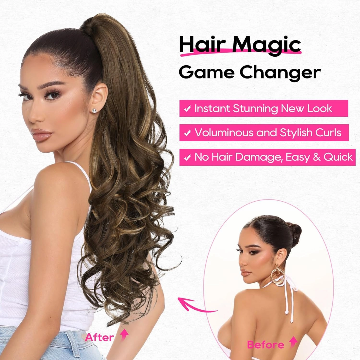 REECHO Ponytail Extension, 26 Inch Drawstring Ponytail Extension Long Curly Wavy Pony Tails Hair Extensions Natural Fake Synthetic Clip in Ponytail Hairpiece for Women Daily, Black Brown