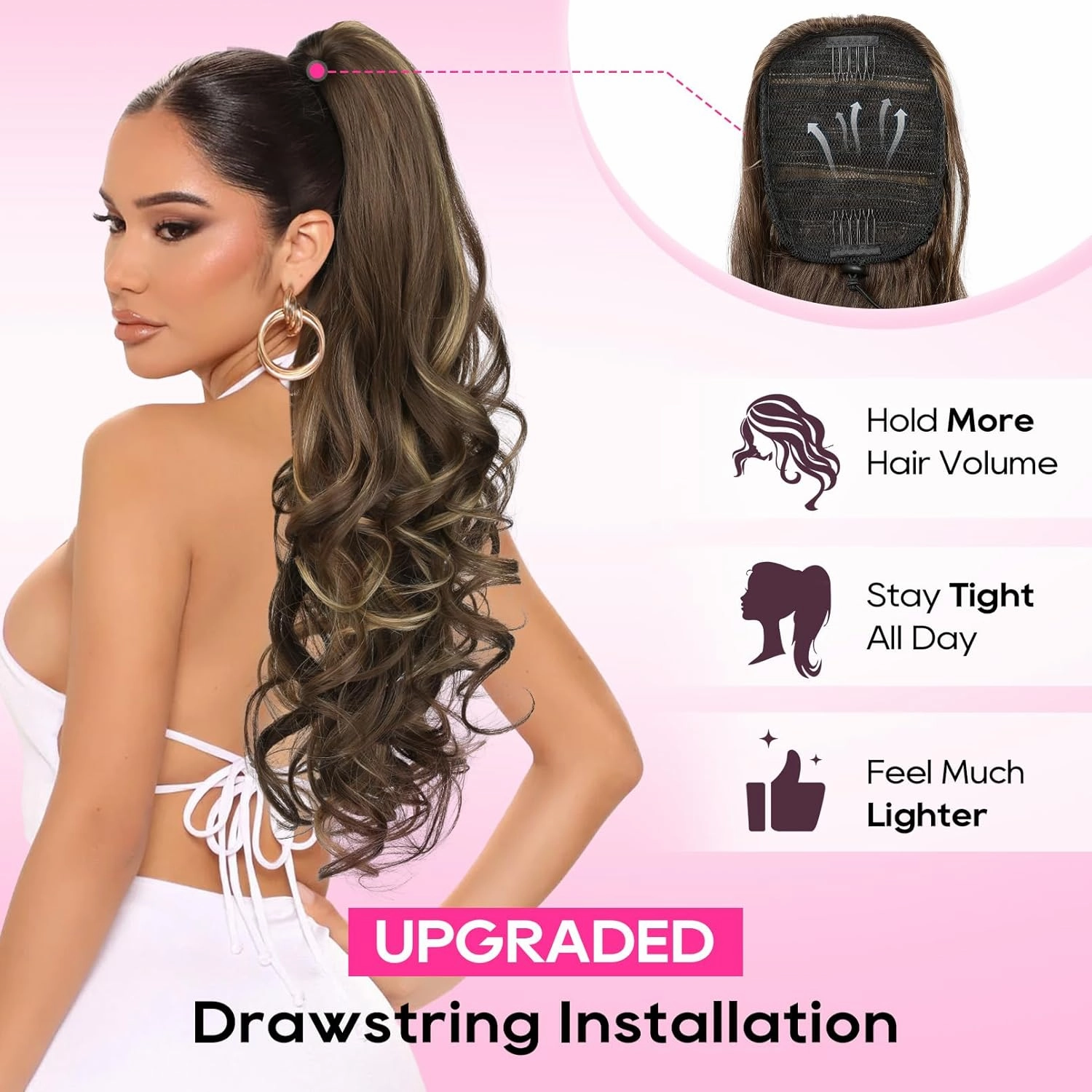 REECHO Ponytail Extension, 26 Inch Drawstring Ponytail Extension Long Curly Wavy Pony Tails Hair Extensions Natural Fake Synthetic Clip in Ponytail Hairpiece for Women Daily, Black Brown