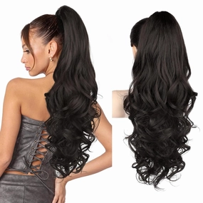 REECHO Ponytail Extension, 26 Inch Drawstring Ponytail Extension Long Curly Wavy Pony Tails Hair Extensions Natural Fake Synthetic Clip in Ponytail Hairpiece for Women Daily, Black Brown