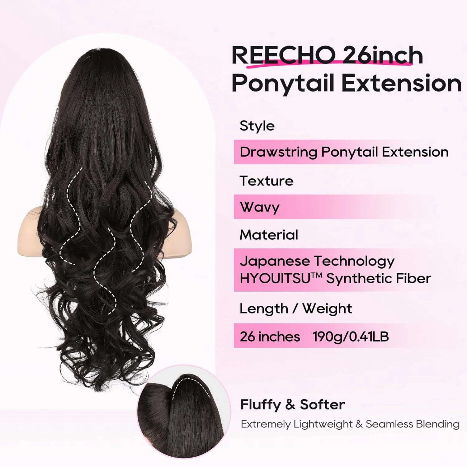 REECHO Ponytail Extension, 26 Inch Drawstring Ponytail Extension Long Curly Wavy Pony Tails Hair Extensions Natural Fake Synthetic Clip in Ponytail Hairpiece for Women Daily, Black Brown